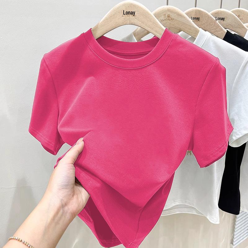 Летняя минималистичная европейская женская футболка с коротким рукавом и круглым вырезом из хлопка 2025
