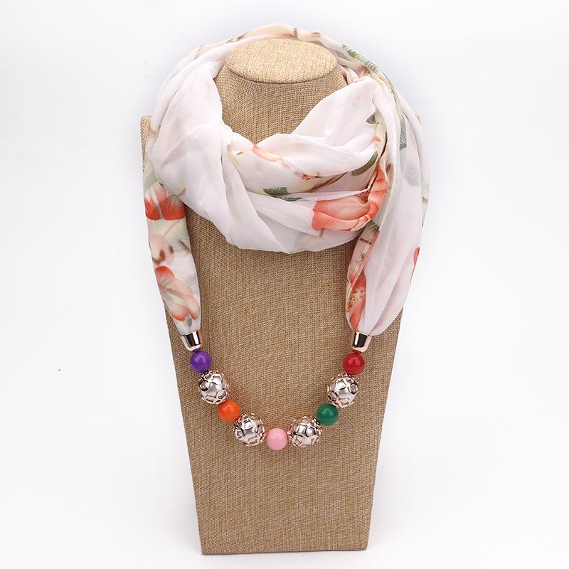 Floral Print Scarf Necklace with Beaded Chain – Elegant Women’s Fashion Jewelry & Versatile Infinity Scarf