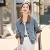 2025 Spring/Fall Retro Color-Block Patchwork Denim Jacket with Turn-Down Collar for Women