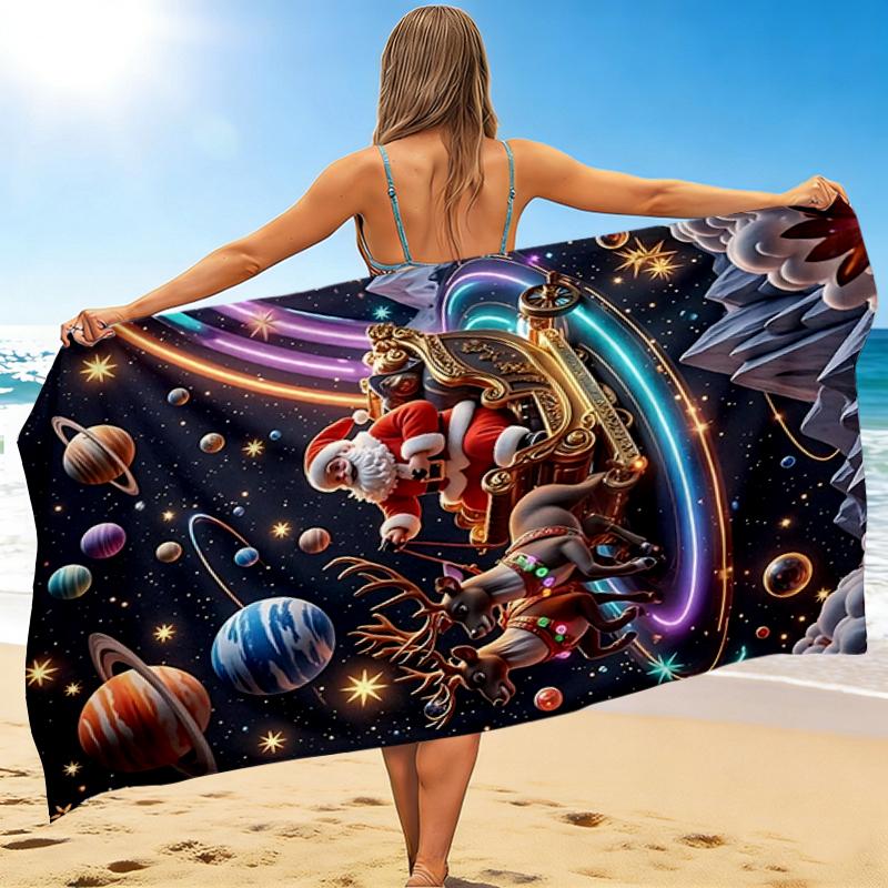 1Pc Santa Claus Space Beach Towel, Quick Dry, Multi-Use for Beach Pool Gym Yoga Home Travel, Christmas, Halloween, Xmas Gift S234