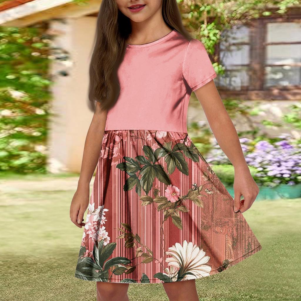 Летнее платье для девочек, однотонное платье без рукавов с принтом и карманом, повседневное платье, вечернее платье с короткими рукавами