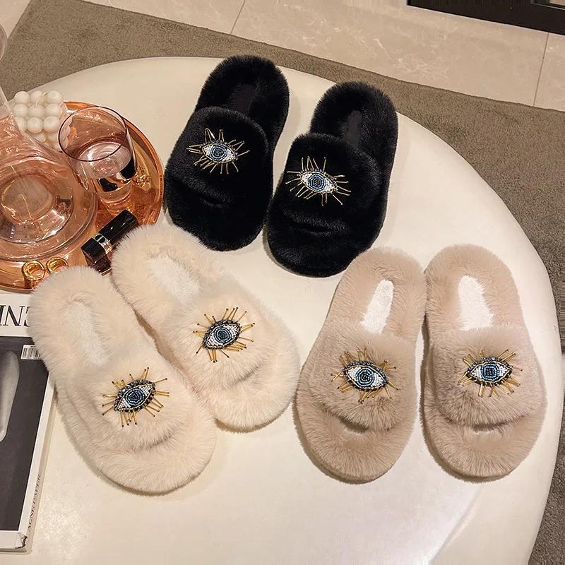 Fashion Ladies Winter Fashion Soft Warm New Comfort Flat Fur Slipper Outside Fluffy Slippers Indoor Plush Shoe Women's Luxury Slippers