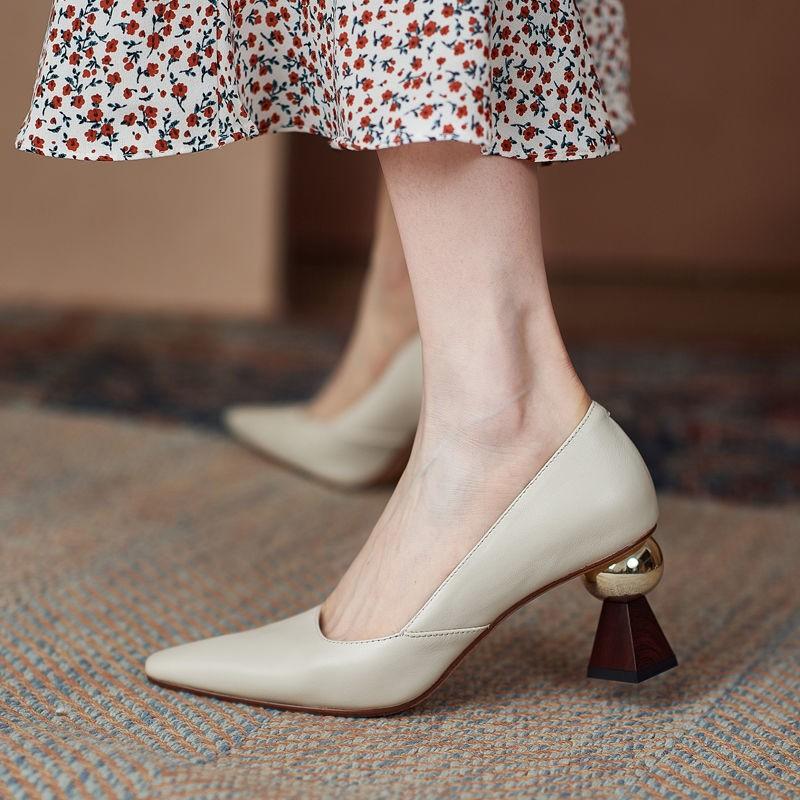 Handmade Beige Leather Women Pumps Sexy Pointed Toe Chic Stylish Office Lady Working Shoes 6cm Strange High Heels Stilettos