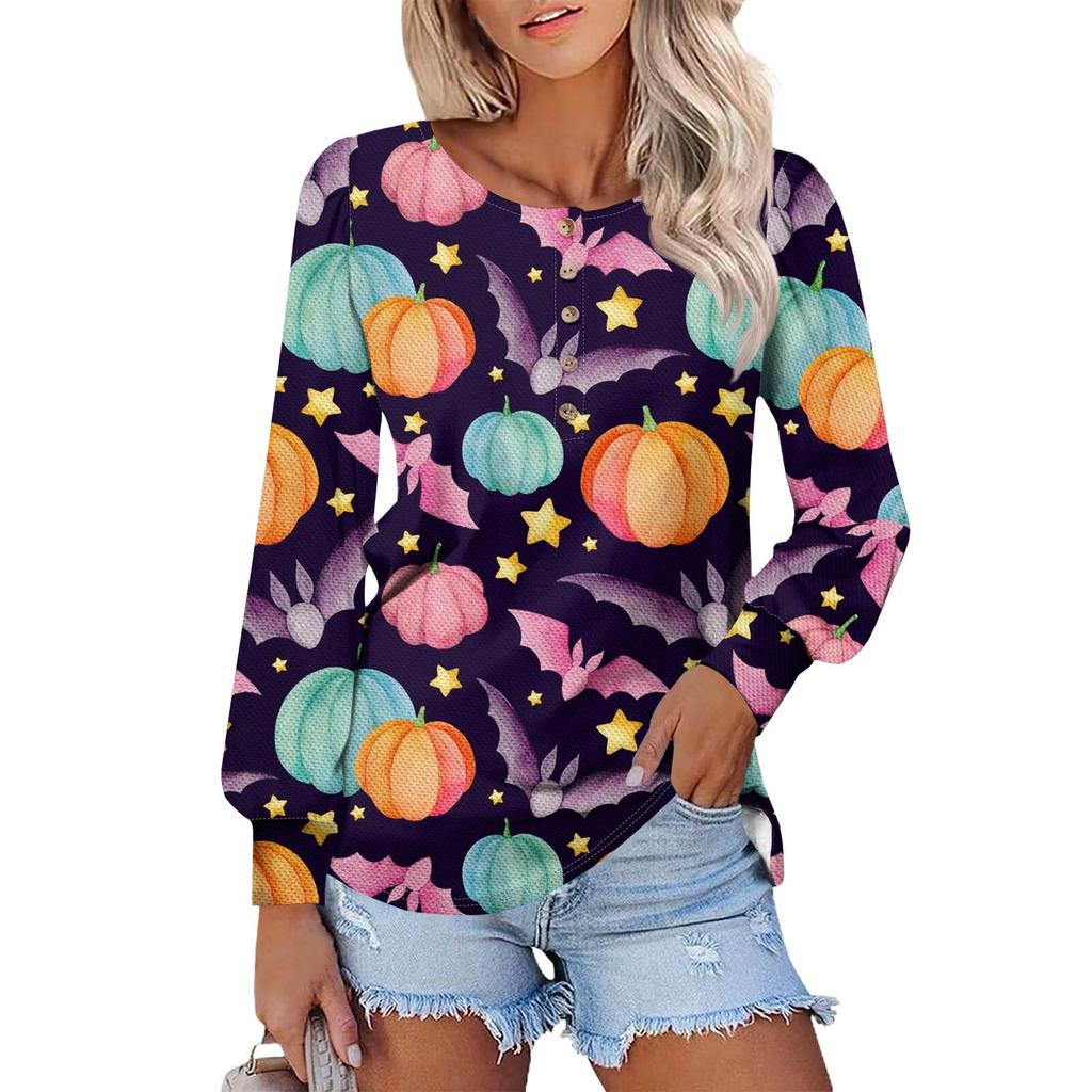 Женские футболки с длинным рукавом и круглым вырезом, принты на Хэллоуин, рубашки с рукавами-фонариками, блузки на пуговицах, топы