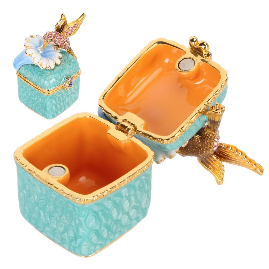 Bird Figurine Jewelry Box Hand Painted Decorative Metal Mini Hinged Jewelry Holder for Rings Earrings Necklaces Blue