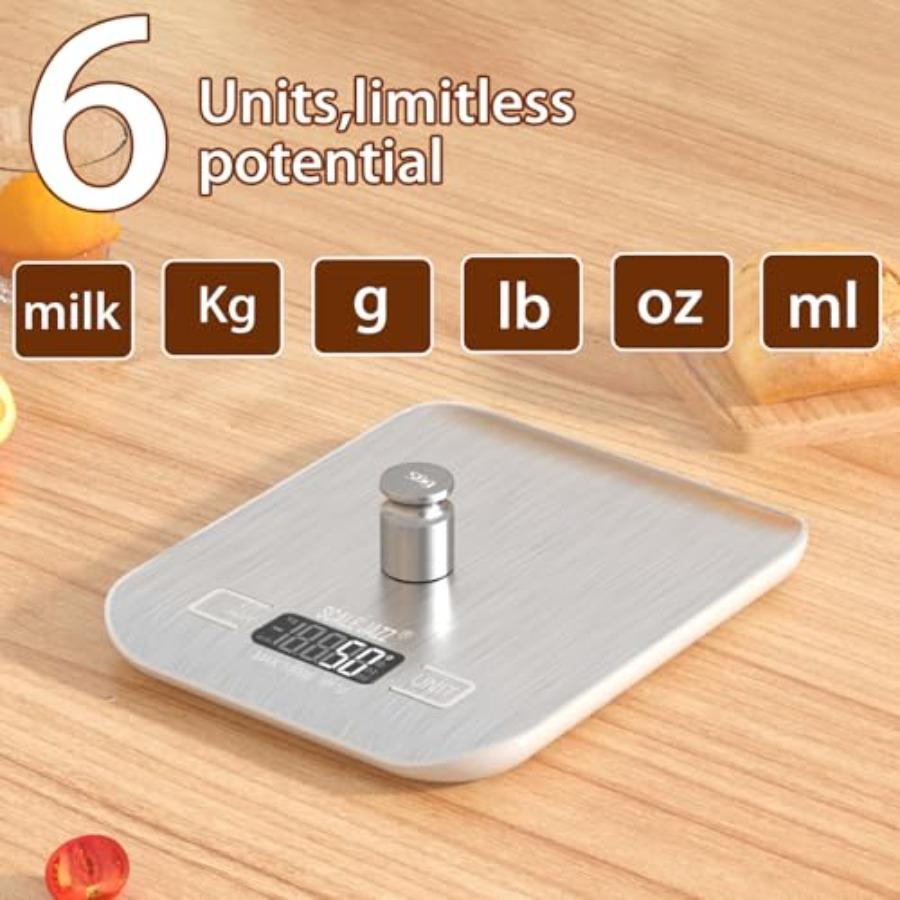 Мини-цифровые весы 10 кг / 22 фунта Кухонные весы Весы для продуктов Кофейные весы 6 единиц Автоматическое выключение Тара Нержавеющая сталь Дополнительная батарея E