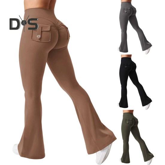 Women Yoga Pants Solid Color Slim Fit Flared Pants with Pockets Thin Elastic Cargo Style Sexy Ruched Long Pants