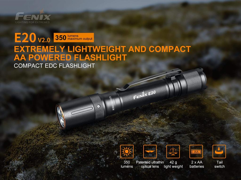 Fenix E20 Max 350 AA Battery Aluminum IP68 EDC V2.0 Flashlight, Lumens, Powered, Construction, Waterproof, Compact,