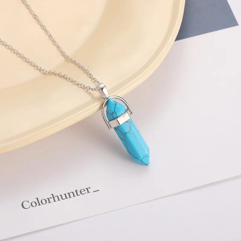 Hexagonal Column Pointed Reiki Chakra Natural Stone Pendant Necklace Women Girl Gift18inch Chain Lapis Opal Chunky Jewelry