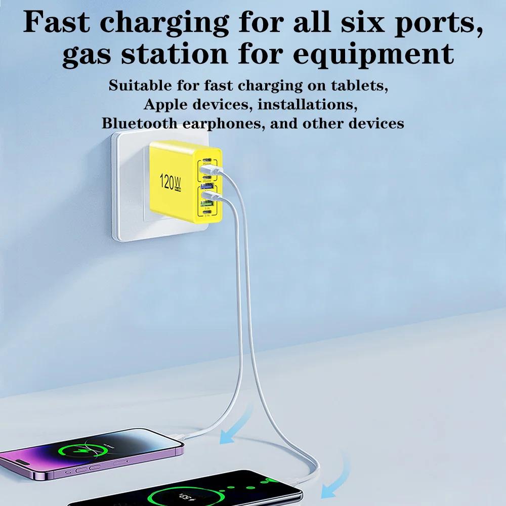 Зарядное устройство USB C Type C 120 Вт с несколькими портами, быстрая зарядка, адаптер для iPhone, Samsung, Xiaomi, настенное зарядное устройство с вилкой ЕС/США