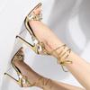 Sexy Ankle Strap Gold Sandals Women Party Nightclub Stripper Heels Stiletto Sandals Crystal Diamond Pointed Toe Wedding Shoes