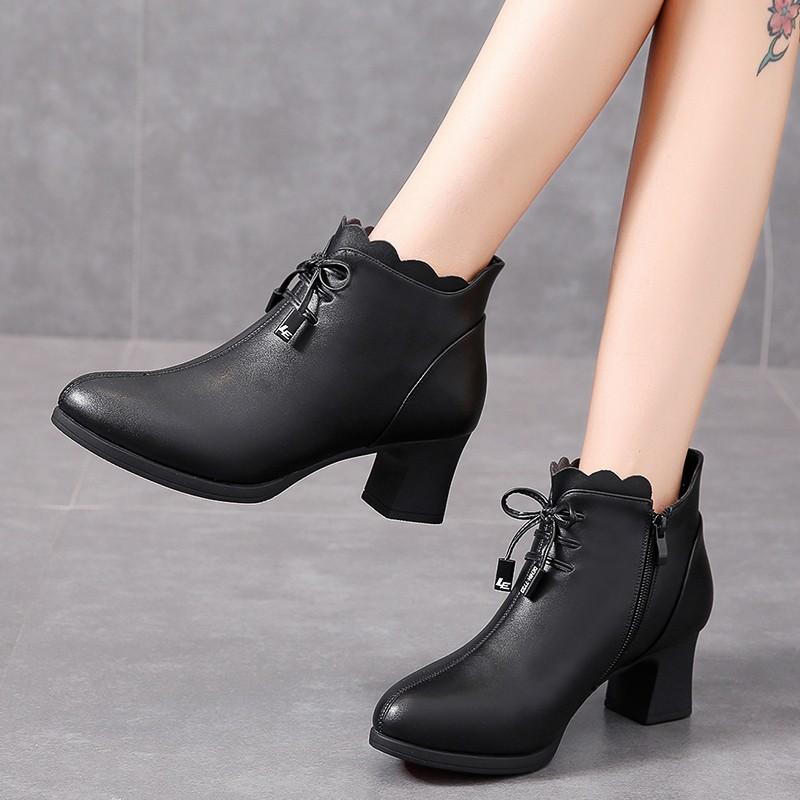 Женские ботильоны осень-зима теплые ботинки черные кожаные туфли женские 2024 новые туфли на молнии с квадратным каблуком Zapatos De Mujer