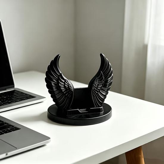 3D-печатная подставка для телефона в виде ангельских крыльев, настольное украшение с вырезанными перьями, противоскользящий устойчивый держатель с широким круглым основанием, поддержка для видео без помощи рук
