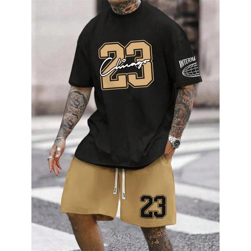 Мужские модные шорты с коротким рукавом, комплект из 2 предметов, футболка с принтом и шорты, мужская спортивная одежда для активного отдыха из дышащего материала