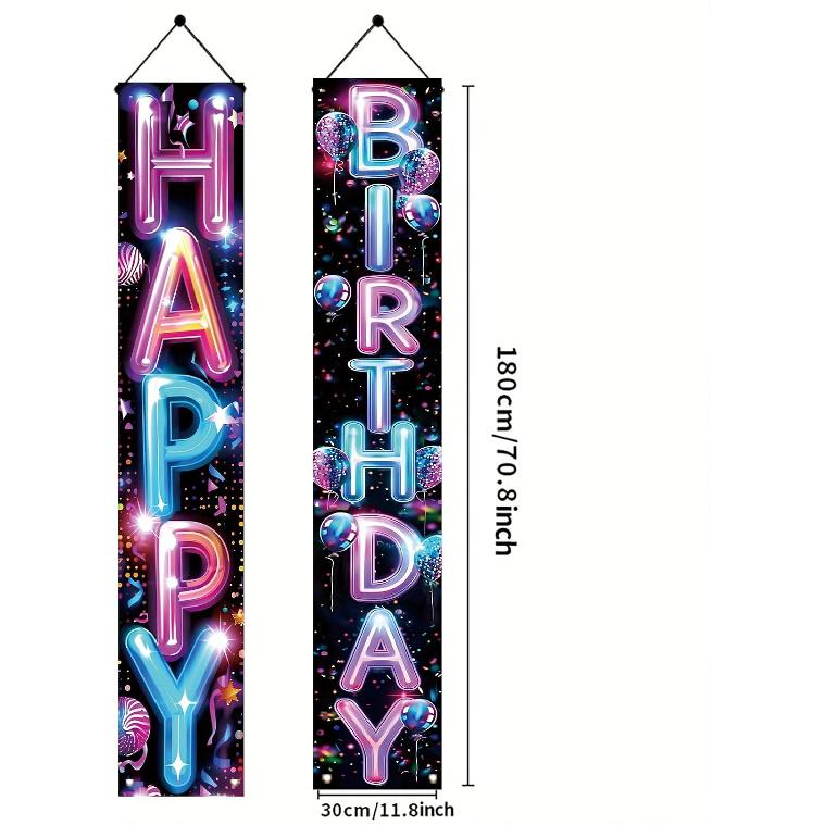 2 Pcs Happy Birthday Door Banner, Neon Lights Theme, Polyester Fabric, Easy to Hang, Indoor/Outdoor Use