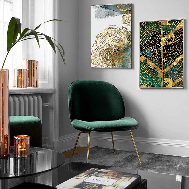 Modern Abstract Gold Green Leaf Trail Annual Ring Poster Canvas Painting Wall Art Prints Picture Living Room Bedroom Home Decor