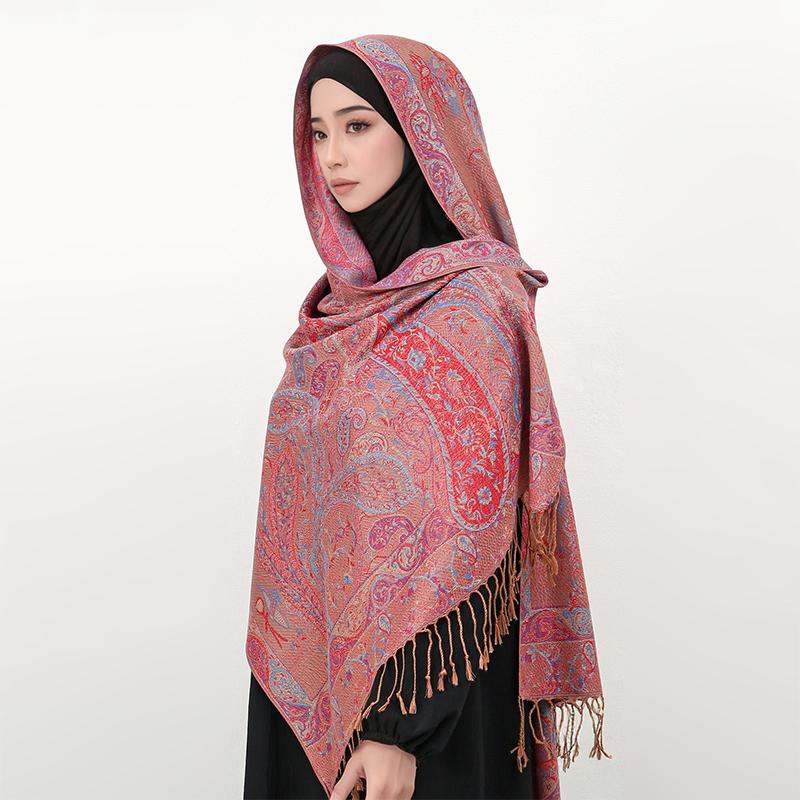 [T788] Winter Warm Thick Ethnic Style Jacquard Scarf Outdoor Women Travel Cashmere Tassel Shawl Neck Wrap Pashmina Retro Floral