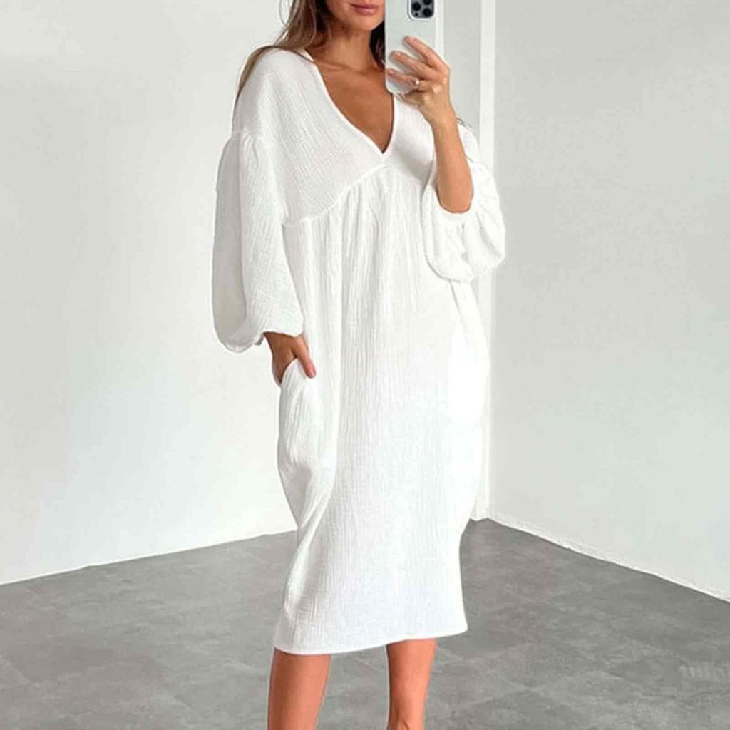 Ladies Casual Living Solid Pocket V Neck Pleated Dress Puff Sleeve Long Sleeve Cotton Dressy Fit Dress