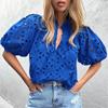 Женская летняя новая модная повседневная кружевная рубашка с v-образным вырезом и пуговицами с пышными рукавами