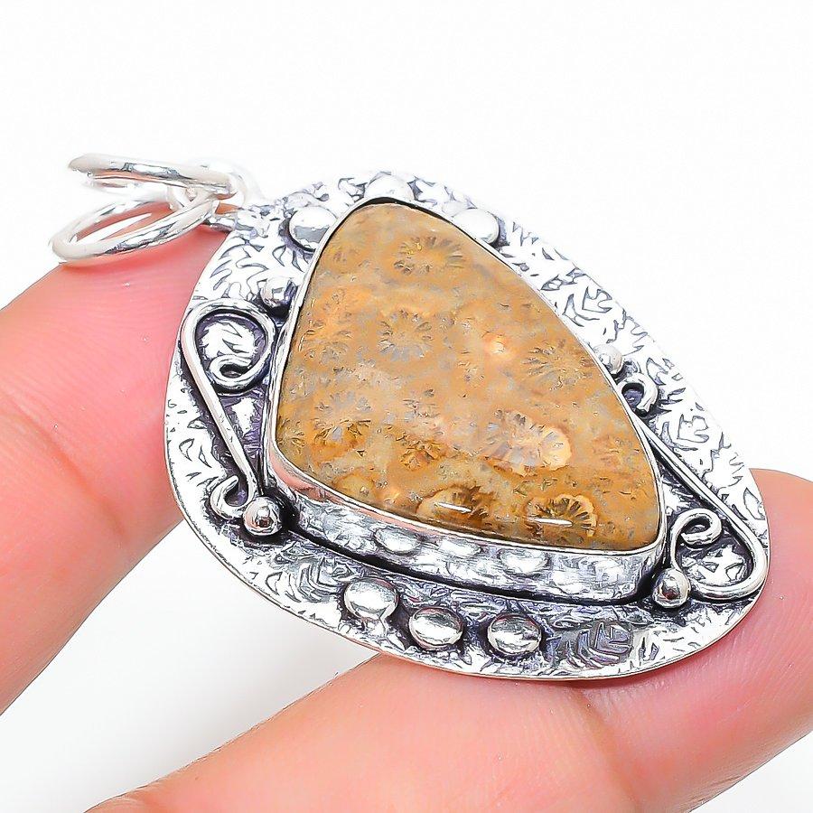 Fossil Coral Handmade 925 Sterling Silver Jewelry Pendant 2.09" H8v51