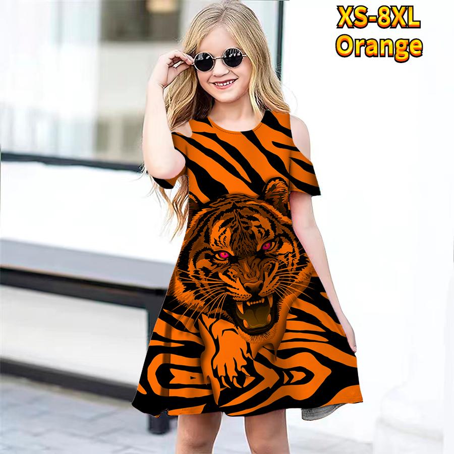 Платья с цветочным тигровым принтом для девочек, детское праздничное платье с открытыми плечами для девочек, платье принцессы, платье с короткими рукавами для девочек старше 4 лет