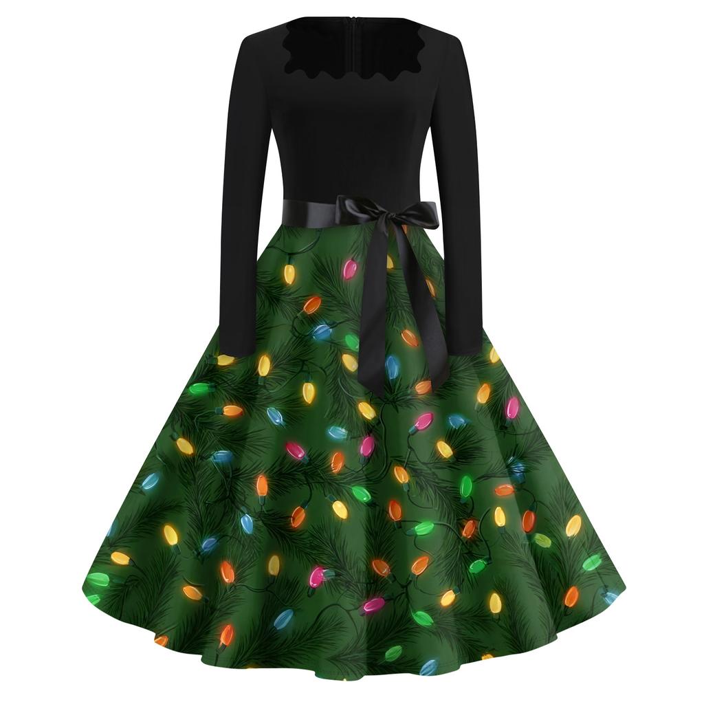 Christmas Print Flare Dress For Women Long Sleeve Dress Hollow Party Casual Square Collar Dresses