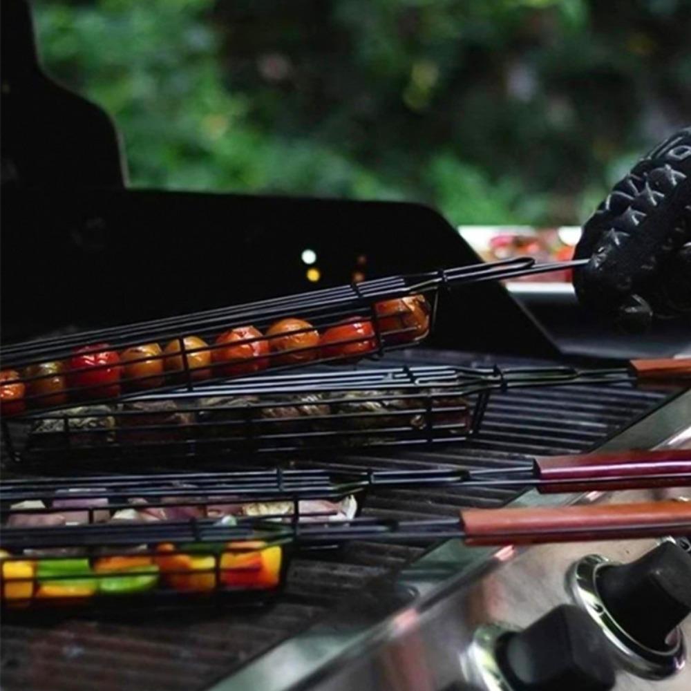 1 шт. корзина для шашлыка из нержавеющей стали с антипригарным покрытием и удобными деревянными ручками. Прочные портативные инструменты для барбекю для приготовления пищи на открытом воздухе, кемпинга.