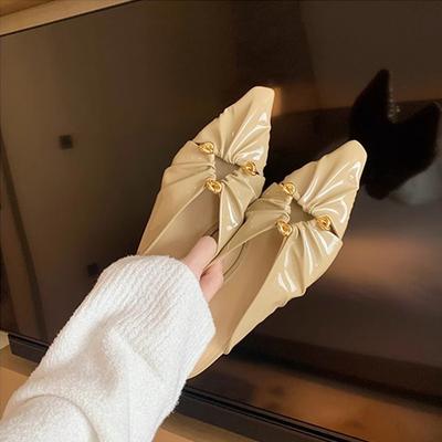 Виноградная мать того же стиля, весна новая треугольная пряжка полая заостренный носок плиссированная голова сумки мюли полушлепки женские кожаные