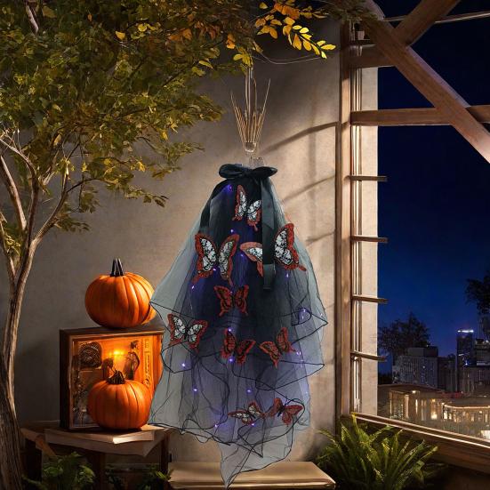 Светодиодный череп готический фата светящаяся повязка на голову вуаль заколка для волос с бабочками женщины призрак