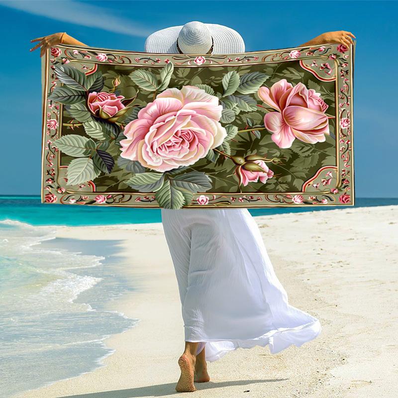 Elegant Pink Roses Garden Art Soft Beach Towel Outdoor Camping Vacation Swimming Beach Towel Outdoor Absorbent Bath Towel Blanket A5
