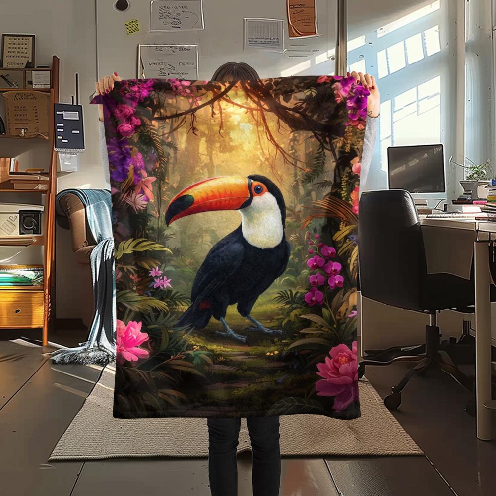 1PC Cartoon Toucan Decor Print FlAannel Blanket, High quality Comfortable for All Seasons, Home Decor, Warmth and Comfort