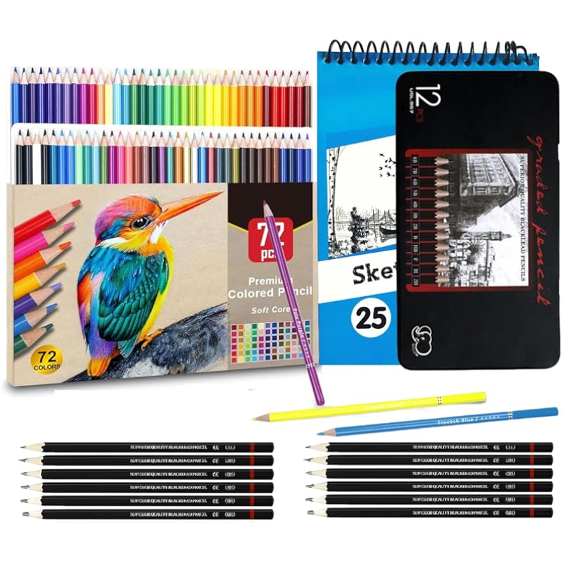 Corslet Set Of 85 Pcs - 72 Pcs Soft Core Colour Pencils Set & 12 Pc Drawing Pencil Set Shading Graphite Sketching Pencil