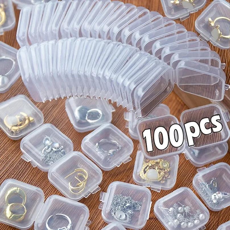 100 шт. Мини-квадратные прозрачные пластиковые коробки для хранения с откидной крышкой, маленькие футляры для таблеток, украшений, сережек, пылезащитные упаковочные коробки