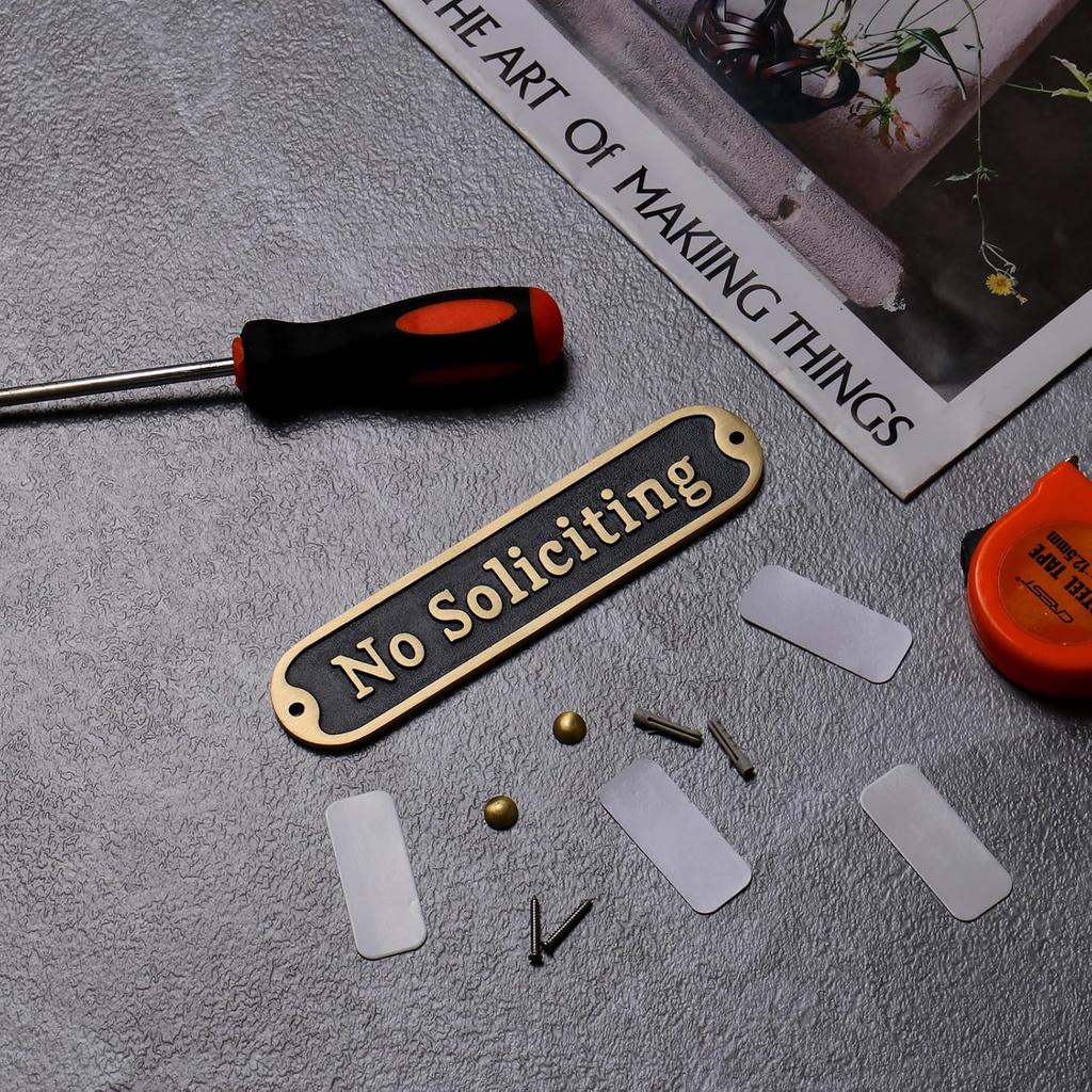 Brass No Soliciting Sign 6.5" - Brushed Matte Finish, Hidden Screws and Nanotape Adhesive, Classic Design for Front Door, Wall Decor, Home, Office,