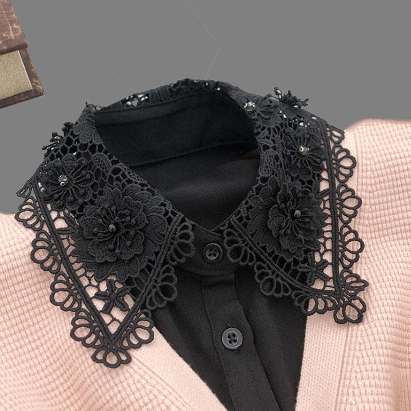 Модный белый черный кружевной воротник с искусственным воротником для женщин с цветочным принтом, женский шифоновый воротник с полуворотником, съемные воротники для женщин, свитер