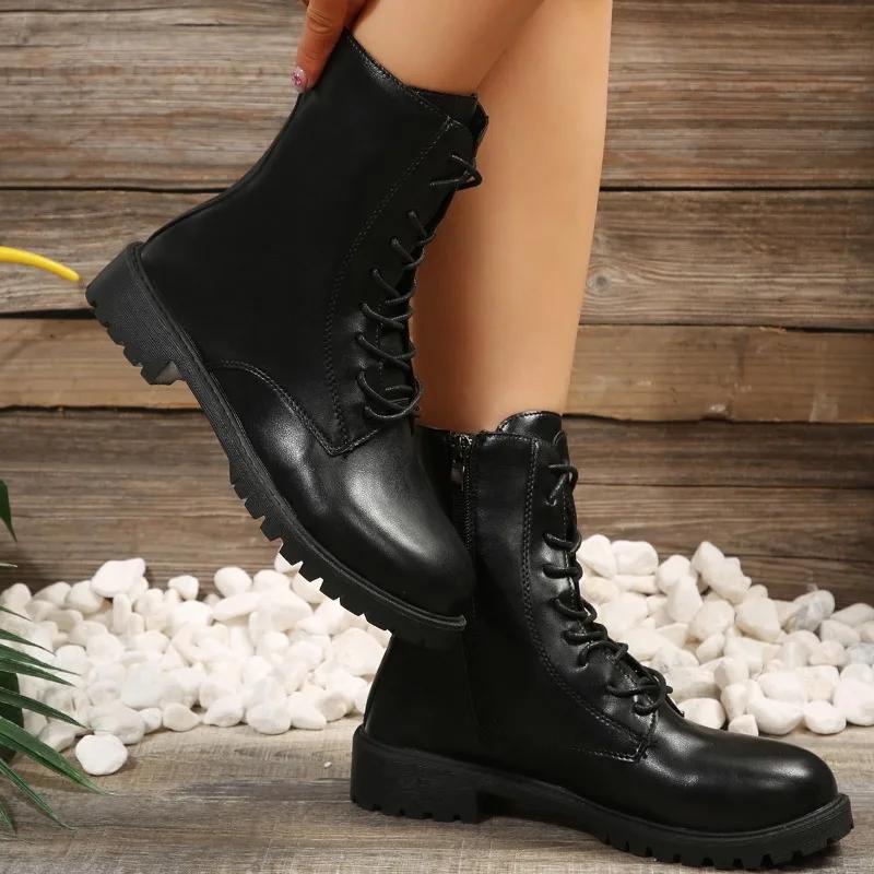 2024 Горячая Распродажа Туфли для женщин на шнуровке с молнией Женские ботинки Осенние круглые носки Твердые толстые каблуки Короткие модные бочонки Голые ботинки