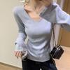 Korean Style Simple V-neck Collarbone Flared Sleeve Knit Long Sleeve T-shirt Women's Autumn Winter Hot Girl Slim Fit Solid Color Base Layer Top