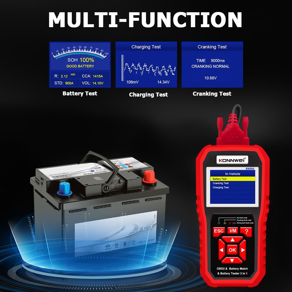 KONNWEI KW880 12 В автомобильный тестер-анализатор аккумулятора, автоматический диагностический инструмент, 3 в 1 автомобильный сканер OBD2, считыватель кодов