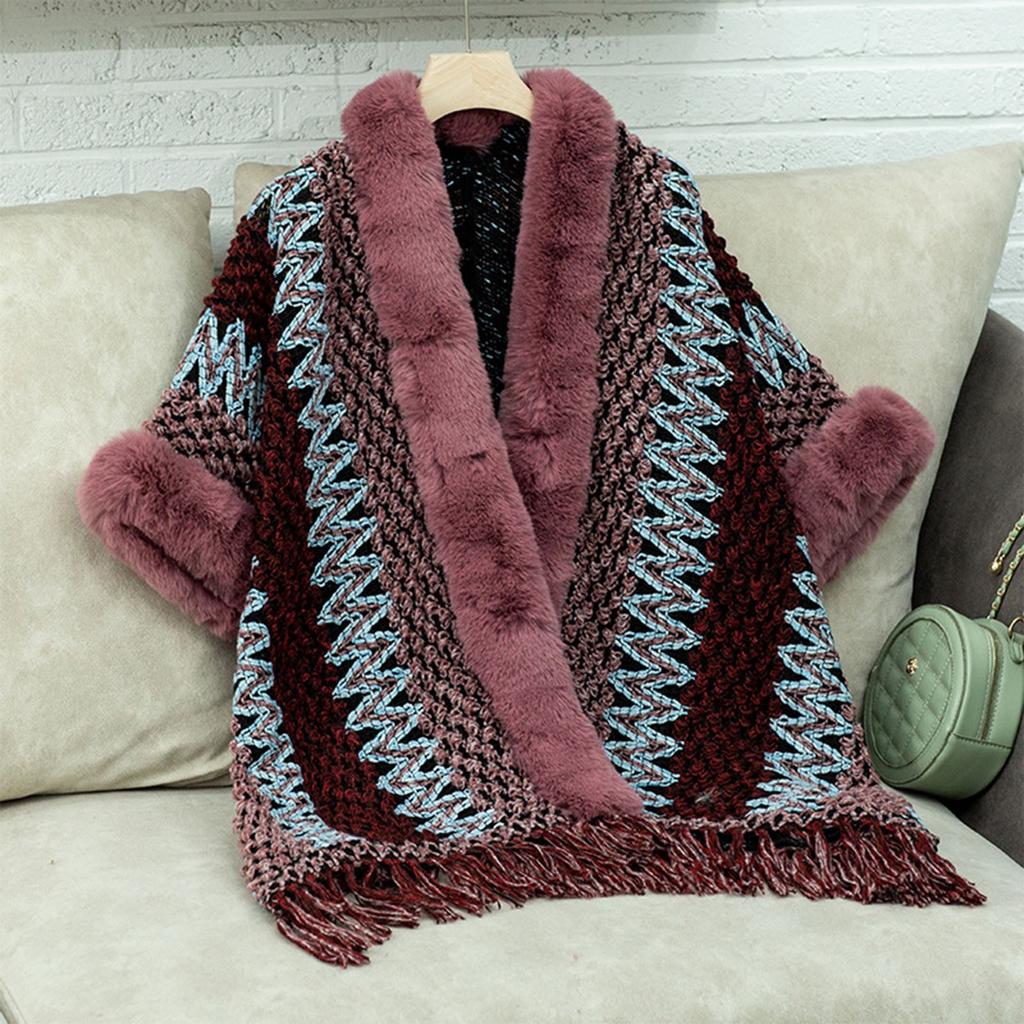 Women's Fashion Striped Fringe Knitted Shawl Cape Cape All Over The Cape With Scarf Sweater