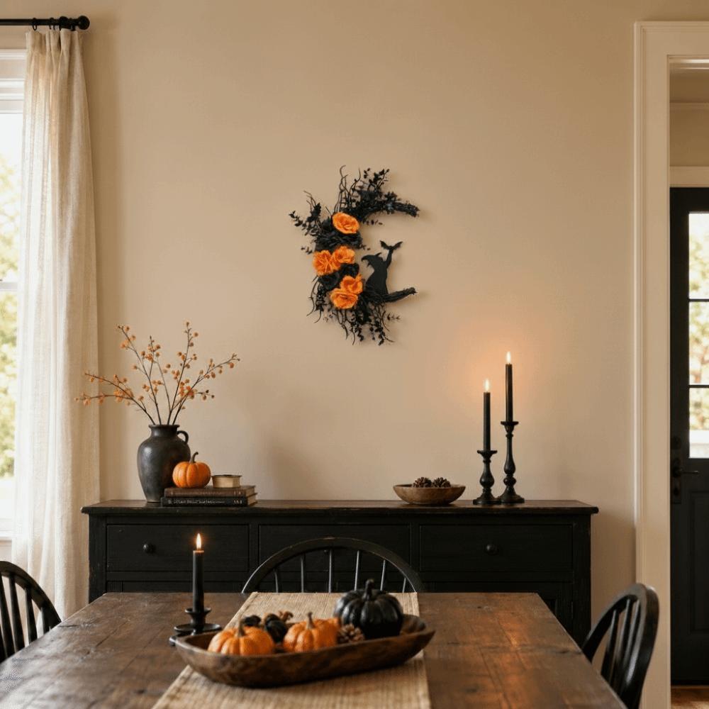 Plastic Cat Crow Wreath Hanging Ornaments Halloween Decoration Halloween Wreath Door Hanging