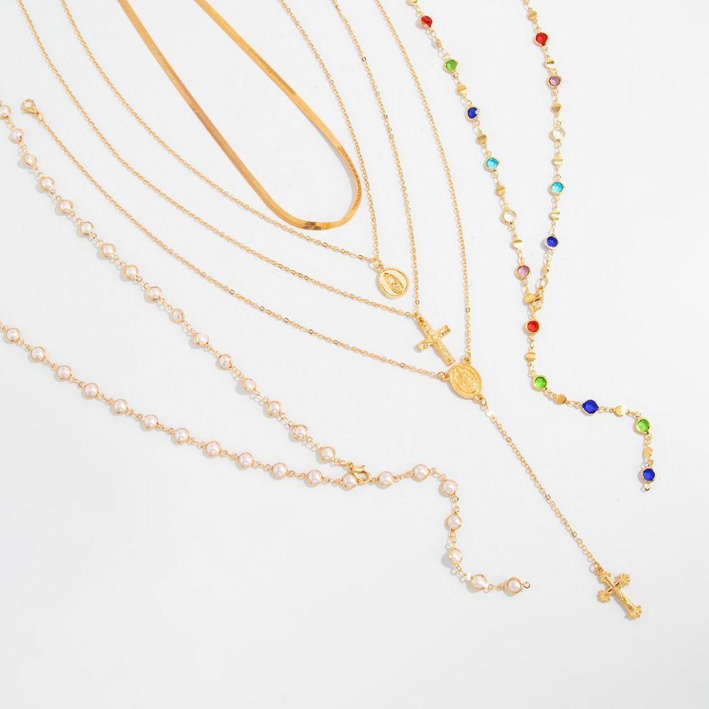 Pearl Colored Rhinestone Necklace Cross Bohemian Style Necklace Gold Jewelry Sea Beach Jewelry
