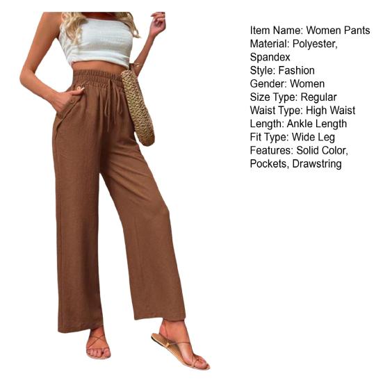 Женские повседневные брюки, эластичные длинные брюки с высокой талией на шнурке, прямые широкие брюки, однотонные тонкие летние брюки, уличная одежда
