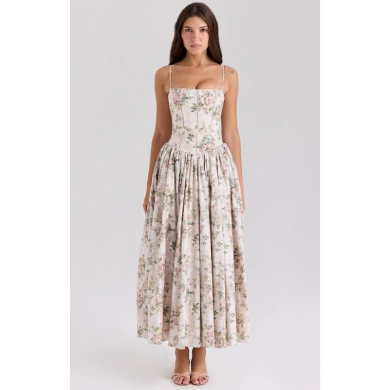 Elegant Gentle Floral Slip Dress Slim Fit A-Line V-Neck Long Women