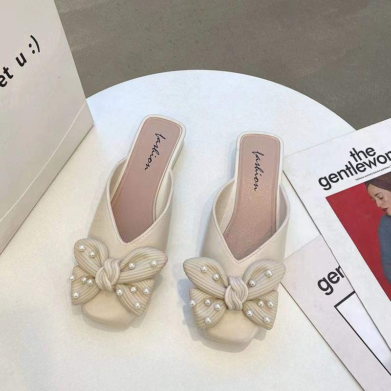 Домашние мюли, женские тапочки на низком каблуке и босоножки с бантом, лето 2024 г., мягкие домашние туфли, уникальная роскошь, легкая одежда, W