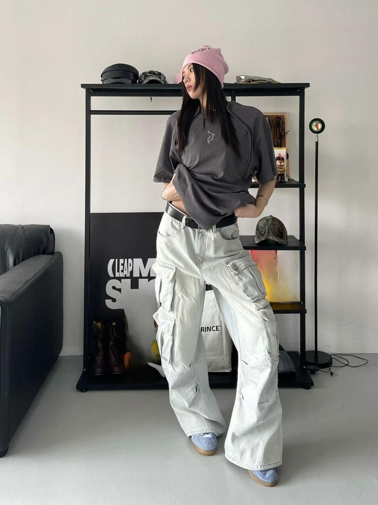 High Street Retro High Waist Pockets Jeans Female Y2K Baggy Japanese 2000s Denim Trouser Women's Washed Vintage Casual Pants