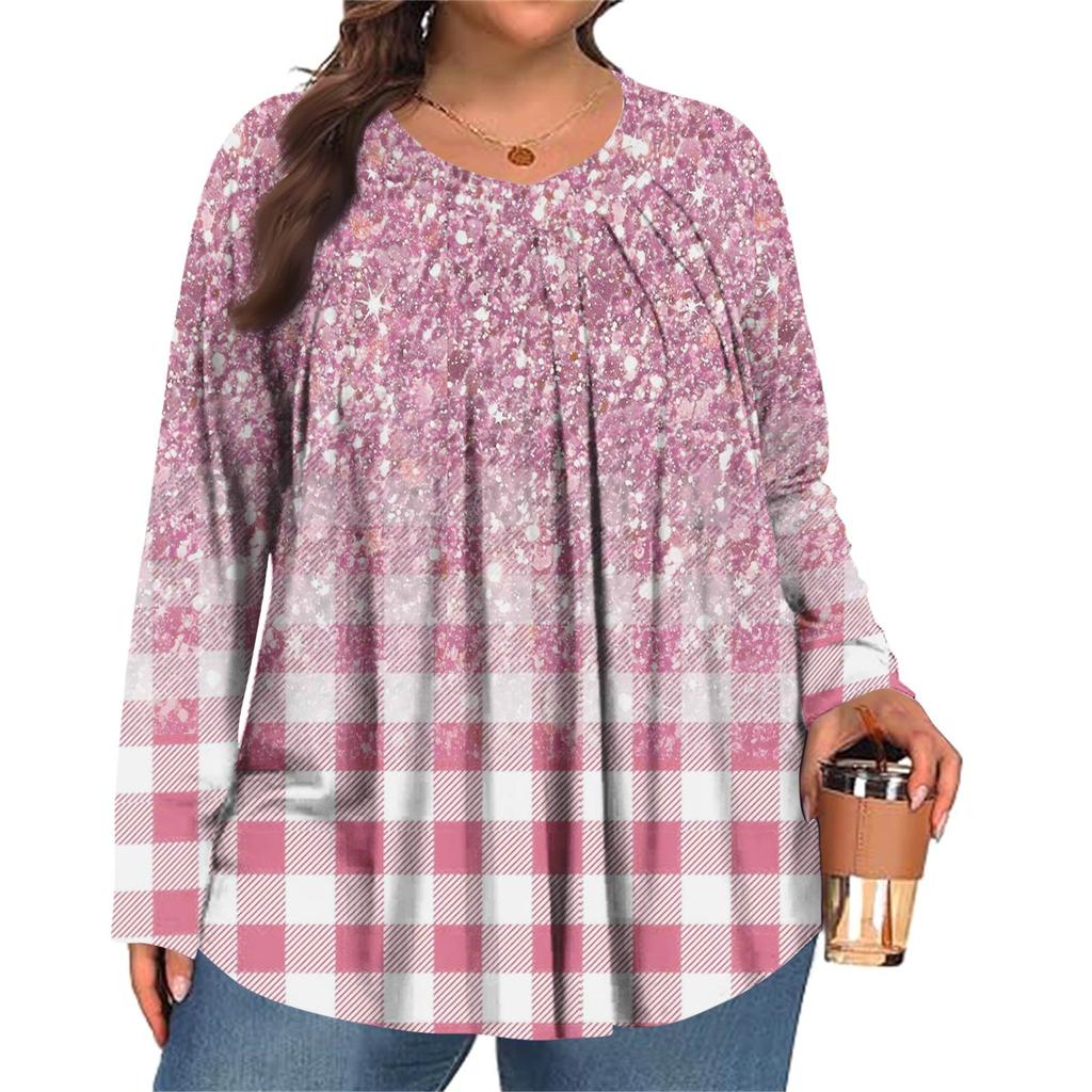 Women's Plus Size Fashion Printed Casual Pleated Round Neck Long Sleeve Top
