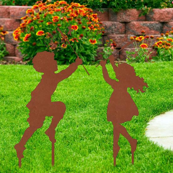1 Pair Silhouette Art Model Little Boy Girl Shape Character Silhouette Art Ornament Garden Decor Stakes Sculpture Lawn Yard Decoration