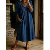Women's Summer Casual Cotton Linen Dress V Neck Half Sleeve Loose Lace Trim Patchwork Midi Dress with Pockets
