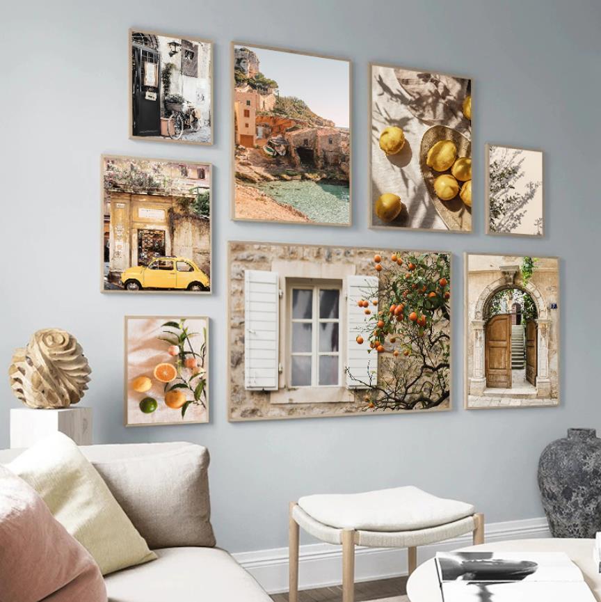 Casual Landscape Nordic Europe Town Canvas Picture House Beach Courtyard Sunlight Car Poster Lemon Bohemian Living Room Painting