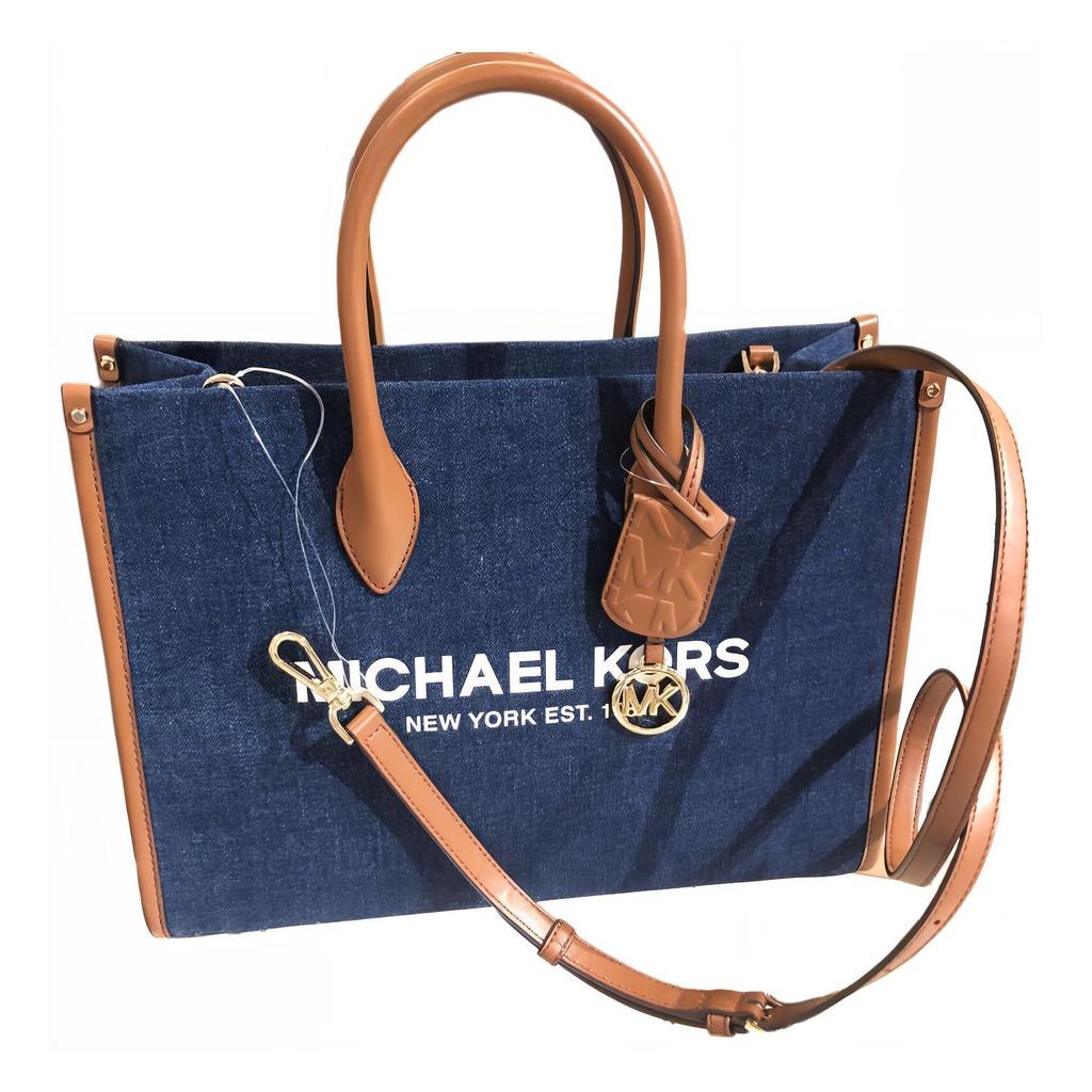 Michael Kors MK Mirella Металлическая Тканевая Сумка-тоут с Логотипом Crossbody Наплечная Сумка Среднего Размера Женские сумки Индиго 35F2G7ZT2C-466